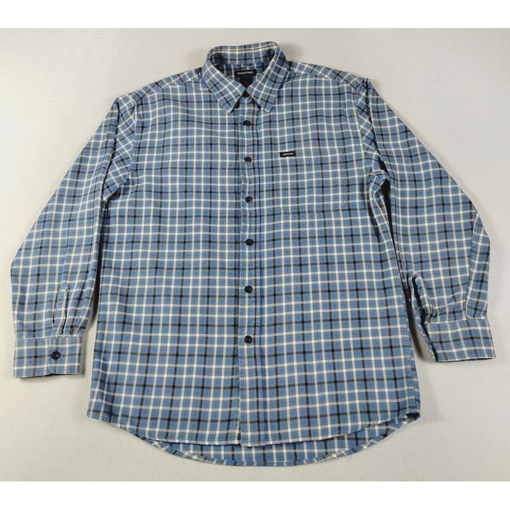 Structure Flannel Shirt Mens Medium Blue Plaid Cabincore Lumberjack Outdoors